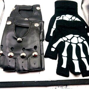 Lot Of 2 Fingerless Gloves Faux Leather Studded + Skelton Print-Black-Unisex